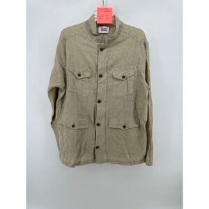 Alpha Studio Mens 100% Linen Safari Shirt Jacket Khaki Tan Banded Collar 52 L